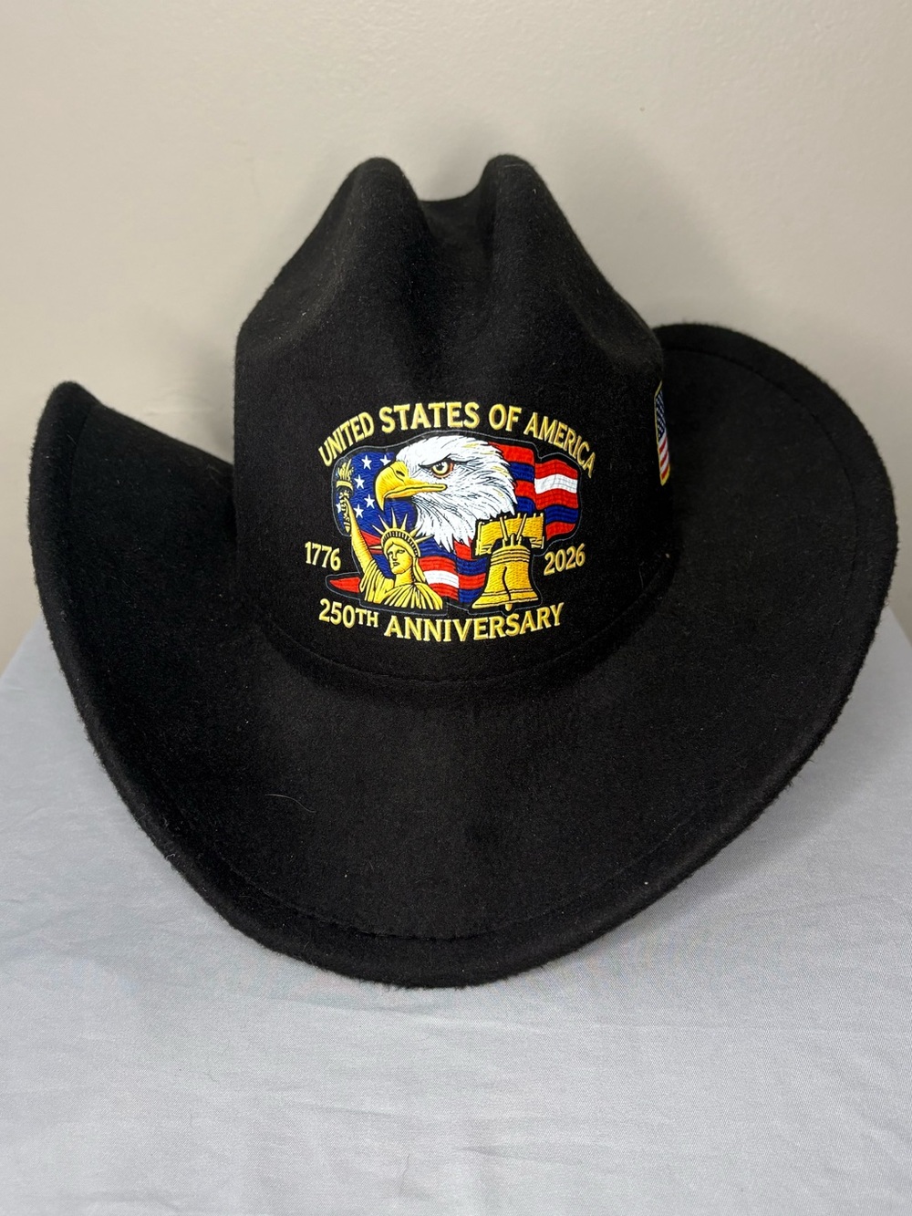 Black Felt Cowboy Hat with Patriotic 250th Anniversary Patch